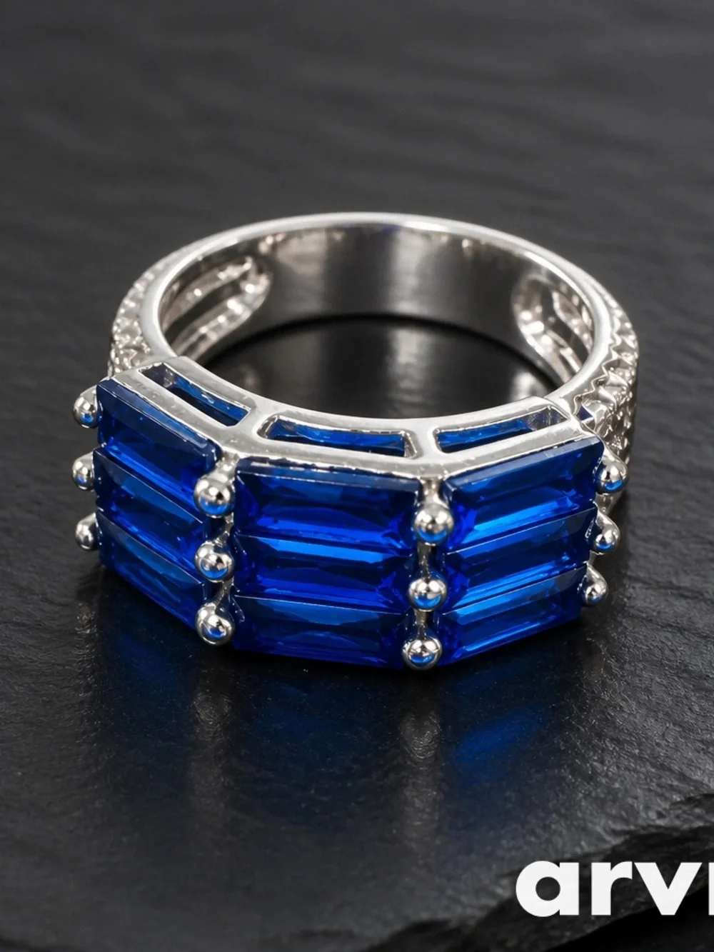 Silver Ring with Blue Baguette Gemstones -